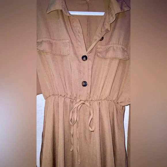 Tan Long Sleeve Dress Medium Empire Waist Collared Balloon Sleeve - Picture 4 of 6